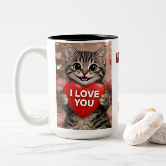 Tinsel de Kerstkat Tweekleurige Koffiemok (Met donut)