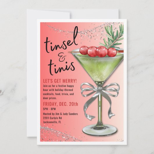 Tinsel & Tinis Holiday Party Invitation Kaart (Voorkant)