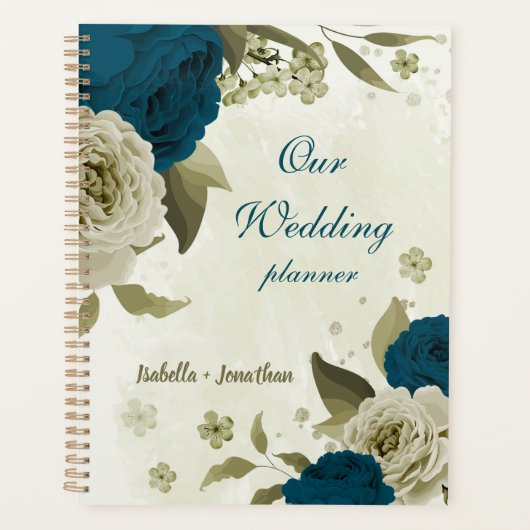 tint blauwe beige bloemige bruiloft planner (Voorkant)