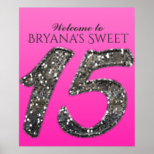 Tint Roze & Zilver Glitter 15 Vijftien Feest Poster