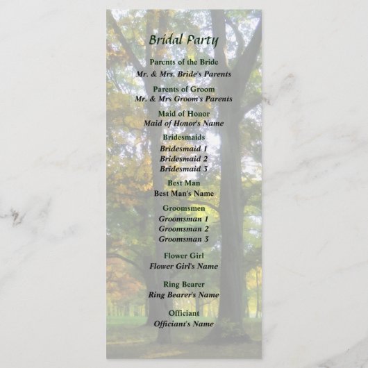 Tint van het herfst bruiloftsprogramma programmakaart (Achterkant)