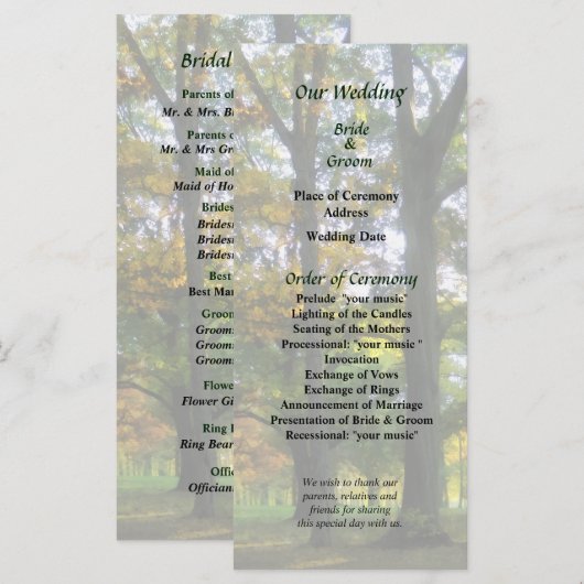 Tint van het herfst bruiloftsprogramma programmakaart (Voorkant / Achterkant)
