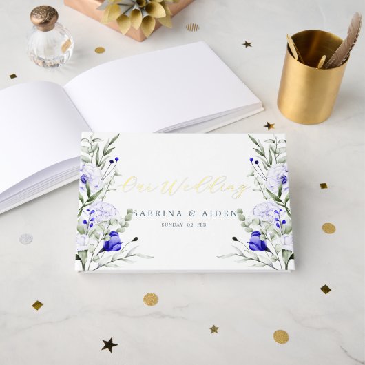Tint van Royal Blue Ivory Floral Wedding Gastenboek (Voorkant open)