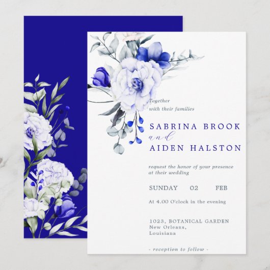 Tint van Royal Blue Ivory Floral Wedding Kaart (Voorkant / Achterkant)