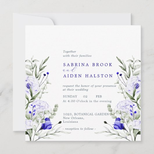 Tint van Royal Blue Ivory Floral Wedding Kaart (Voorkant)