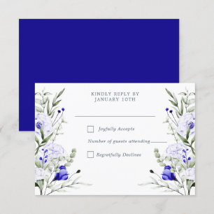 Tint van Royal Blue Ivory Floral Wedding RSVP Kaartje