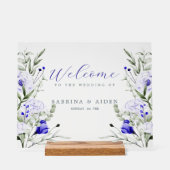 Tint van Royal Blue Ivory Floral Wedding Welkom Acryl Bord (Voorkant)