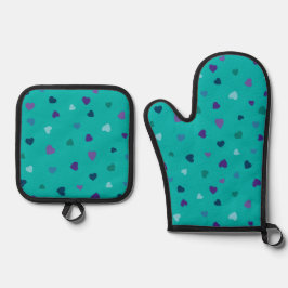 Tinte Hartjes, Paars, Turkoois, Blauw op Turquoise Ovenwant & Pannenlap Set