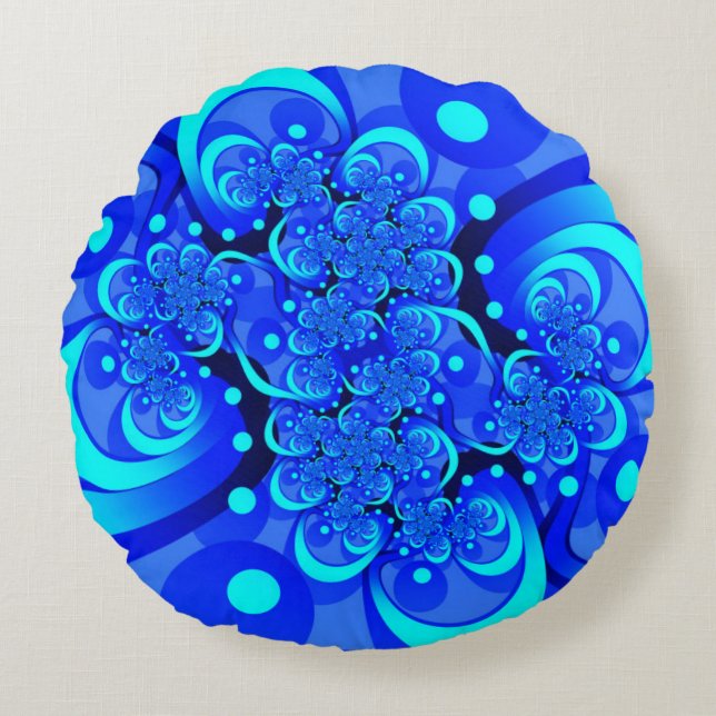 Tinten blauw moderne abstracte fractale kunst rond kussen (Voorkant)