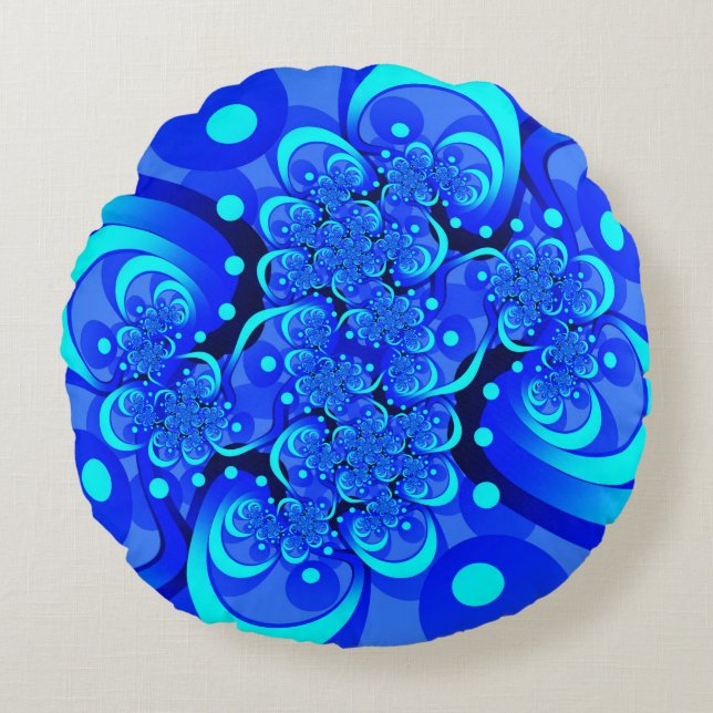 Tinten blauw moderne abstracte fractale kunst rond kussen (Voorkant)