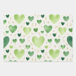 Tinten groen watercolor harten en gouden glitter inpakpapier vel