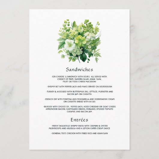 Tinten groene bloemen bruiloft menu (Achterkant)