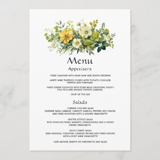 Tinten groene bloemige bruiloft menu (Voorkant)