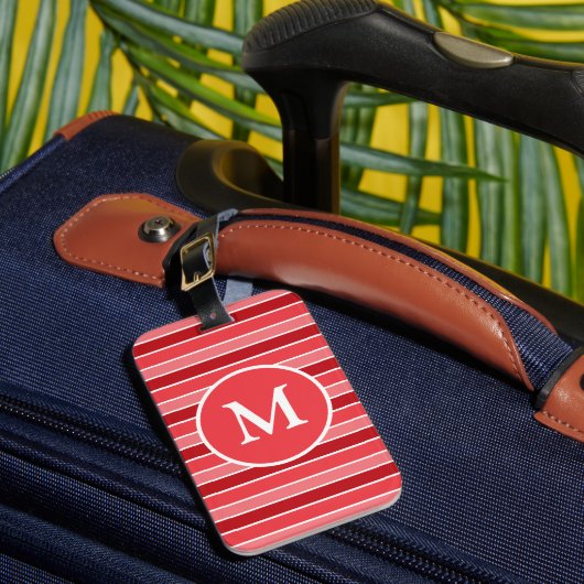 Tinten rood en wit gestreepte monogrammen bagagelabel (Voorkant Insitu 1)