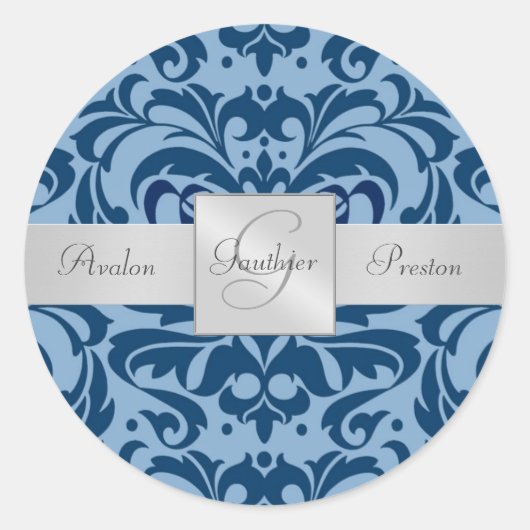 Tinten van Blauw Damast Monogram Bruiloft Sticker (Voorkant)
