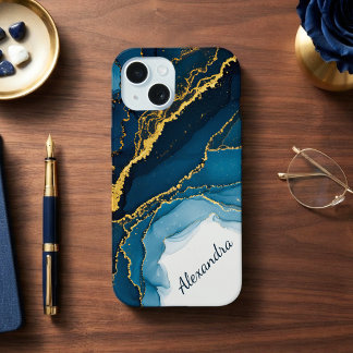 Tinten van blauw & goud alcoholinkt met naam iPhone 15 case