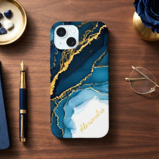 Tinten van blauw & goud alcoholinkt met naam iPhone 15 case