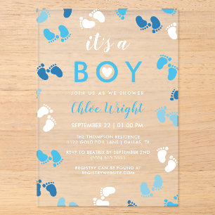 Tinten van blauw Het is een jongen Baby voetafdruk Acryl Uitnodigingen