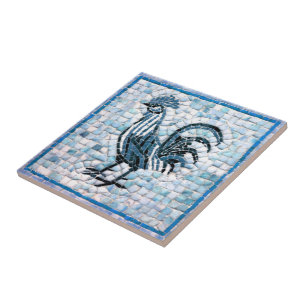 Tinten van blauw met zwart mozaïek haan ontwerp tegeltje