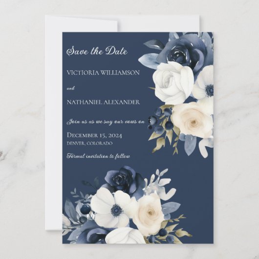 Tinten van Blauw & Wit Bloemen op Marine Save The Date (Voorkant)