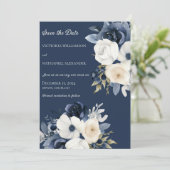 Tinten van Blauw & Wit Bloemen op Marine Save The Date (Staand voorkant)