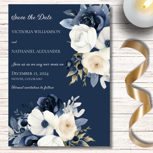 Tinten van Blauw & Wit Bloemen op Marine Save The Date