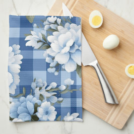 TINTEN VAN BLAUW & WIT PLAID PATROON & BLOEMEN THEEDOEK