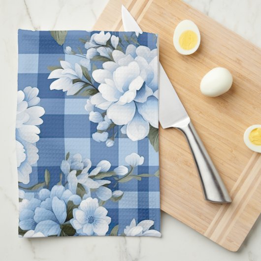 TINTEN VAN BLAUW & WIT PLAID PATROON & BLOEMEN THEEDOEK (Quarter Fold)