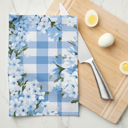 TINTEN VAN BLAUW & WIT PLAID PATROON & BLOEMEN THEEDOEK (Quarter Fold)