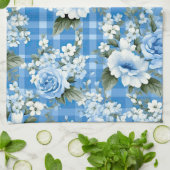 TINTEN VAN BLAUW & WIT PLAID PATROON & BLOEMEN THEEDOEK (Gevouwen)