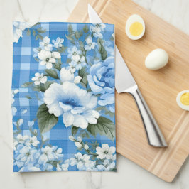 TINTEN VAN BLAUW & WIT PLAID PATROON & BLOEMEN THEEDOEK