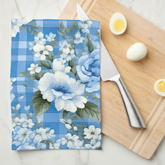 TINTEN VAN BLAUW & WIT PLAID PATROON & BLOEMEN THEEDOEK (Quarter Fold)