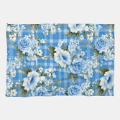 TINTEN VAN BLAUW & WIT PLAID PATROON & BLOEMEN THEEDOEK (Horizontaal)