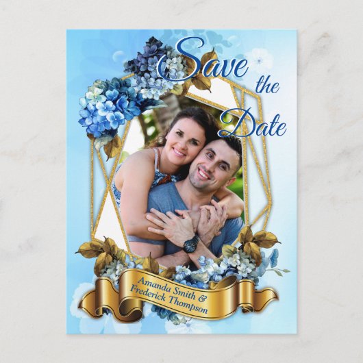 Tinten van blauwe aquarel Hydrangea's Save the dat Aankondigingskaart (Voorkant)