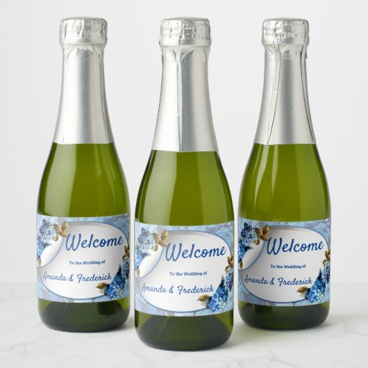 Tinten van blauwe aquarel Hydrangea's Sparkling Wijnetiket (Flessen)