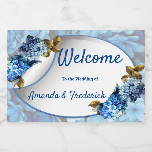 Tinten van blauwe aquarel Hydrangea's Sparkling Wijnetiket (Enkel label)