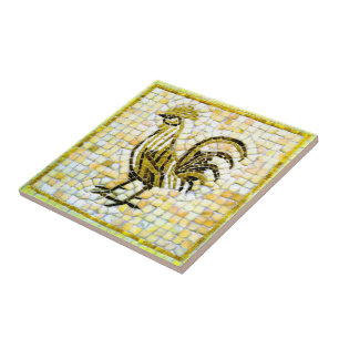 Tinten van geel, wit en zwart Mozaïek haan🐔 Tegeltje
