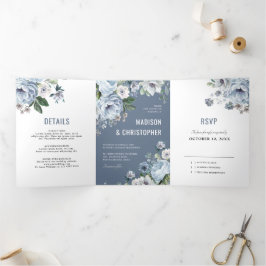 Tinten van grijs stoffig blauwe winter rustieke tr drieluik aankondiging