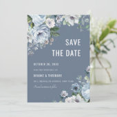 Tinten van grijs stoffig blauwe winter rustieke tr save the date (Staand voorkant)