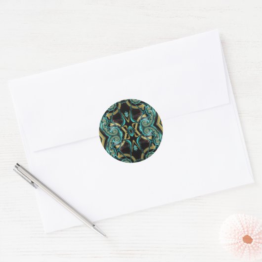 ~ Tinten van Groen Zwart Goud Geel Fractal ~ Ronde Sticker (Envelop)