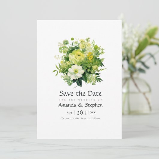 Tinten van Groene Bloemen Bruiloft Save The Date (Staand voorkant)