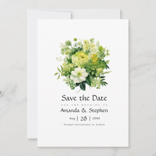 Tinten van groene bloemenbruiloft save the date (Voorkant)