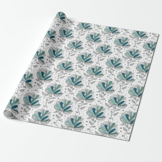 Tinten van groene bloemige abstracte Doodle-kunsts Cadeaupapier (Uitgerold)