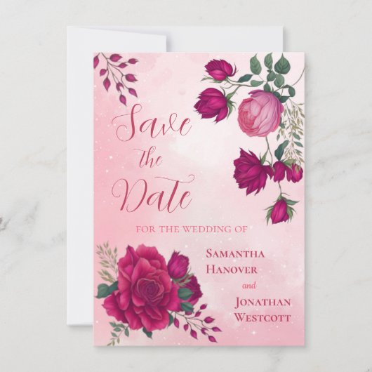 Tinten van Magenta Pink Rose Modern Floral Boho Save The Date (Voorkant)