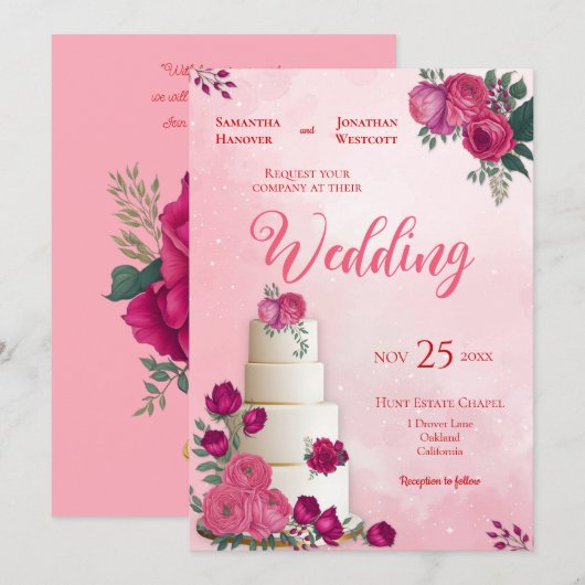 Tinten van Magenta Roze Rose Modern Bruiloft Kaart (Voorkant / Achterkant)