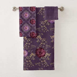 TINTEN VAN PAARSE BLOEMIGE ROZEN & GOUDBLADEREN BAD HANDDOEK