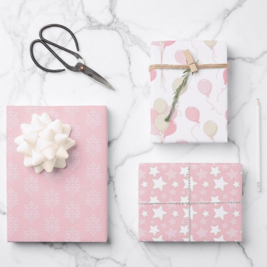 TINTEN VAN ROZE & TAN BALLONNEN & STERREN INPAKPAPIER VEL (Voorkant)