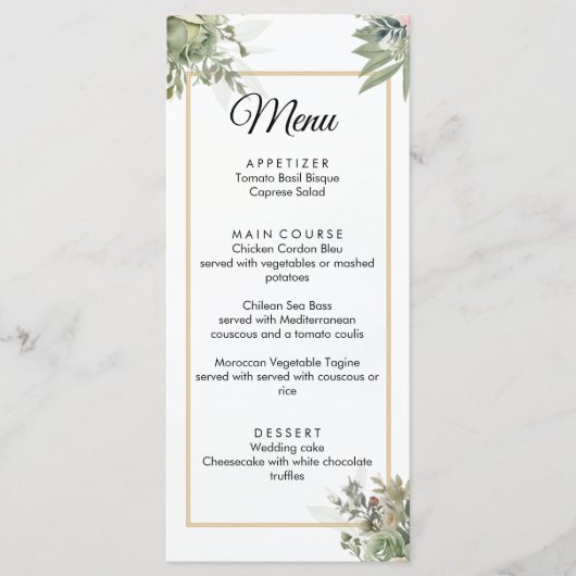 Tinten van Sage Bruiloft Menu (Voorkant)