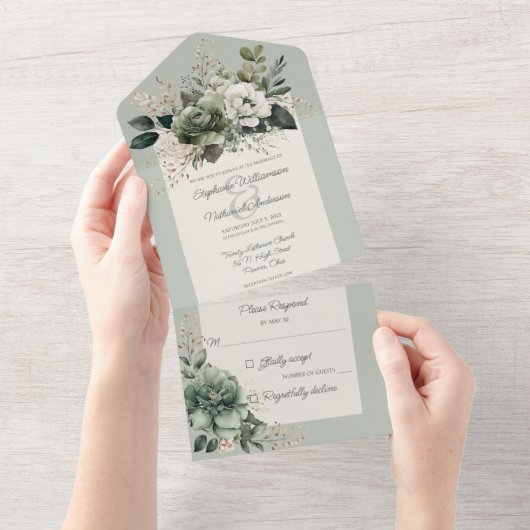 Tinten van Sage Green Floral All In One Uitnodiging (Afscheurbaar)