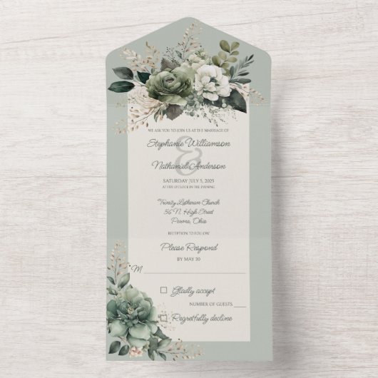 Tinten van Sage Green Floral All In One Uitnodiging (Binnen)
